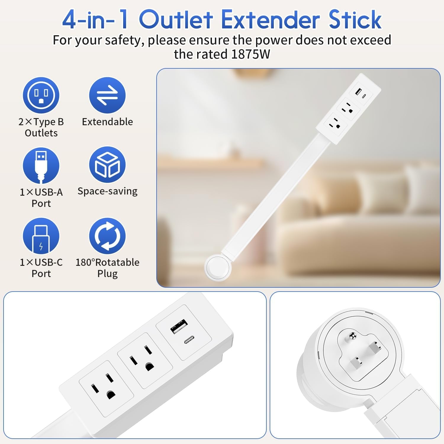 Outlet Extender Stick, Electric Outlet Extender Stretch from 17.7" to 27.6" & Rotate 180°, Easy Access to Hard to Reach Spaces behind Sofas & Nightstands