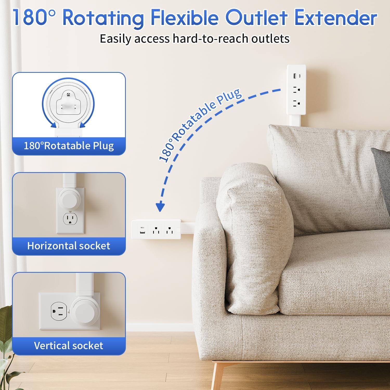 Outlet Extender Stick, Electric Outlet Extender Stretch from 17.7" to 27.6" & Rotate 180°, Easy Access to Hard to Reach Spaces behind Sofas & Nightstands