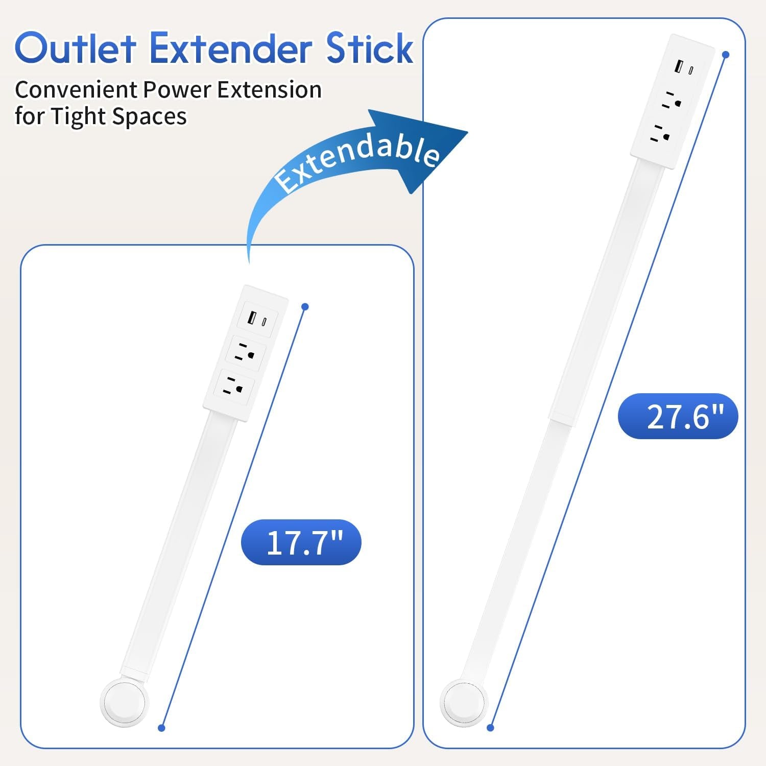 Outlet Extender Stick, Electric Outlet Extender Stretch from 17.7" to 27.6" & Rotate 180°, Easy Access to Hard to Reach Spaces behind Sofas & Nightstands