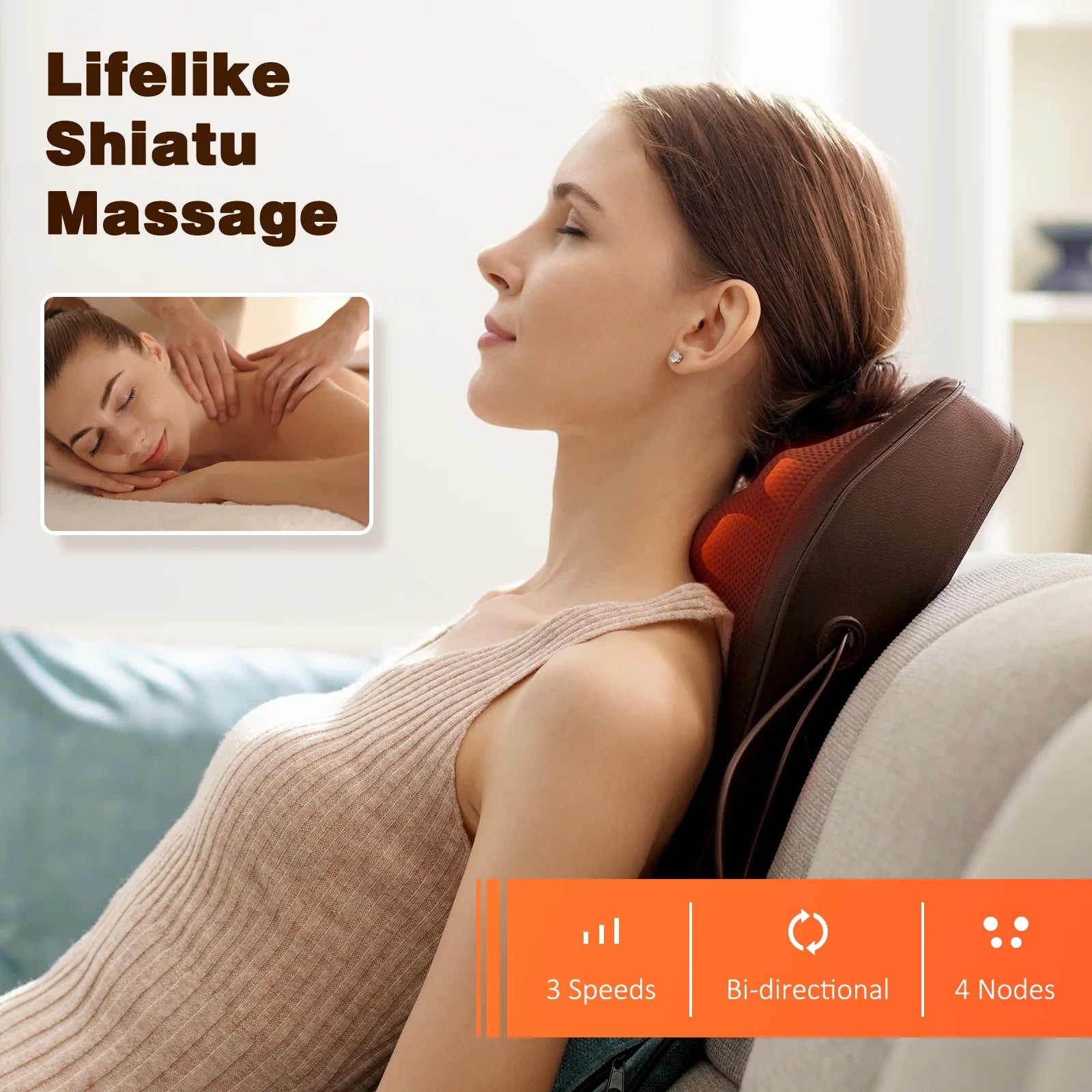 Neck & Back Massager with Heat, 3D Deep-Kneading Shiatsu Pillow, Brown — Gift for Mom & Dad